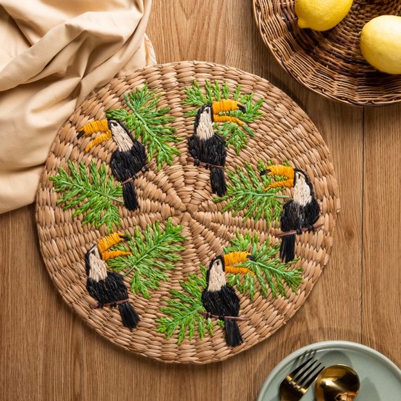 Natural Handmade Rattan Tropical Embroidered Placemat, 13 in diameter - Picture 2 of 4